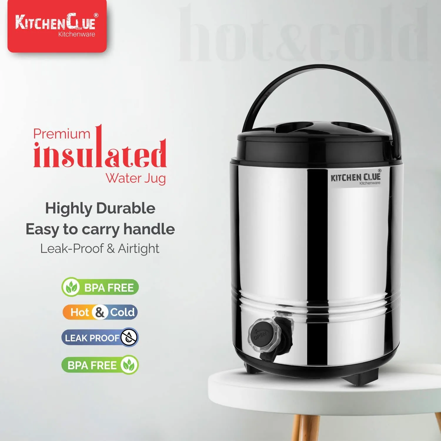 Kitchen Clue Stainless Steel HOT & Cold Water Pitcher/Flask with Carry Handle I 8 Liter of Water Storage Container for Kitchen Home Office I Easy to Clean & Maintain