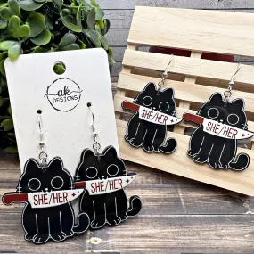 Knife Wielding Black Cat She/Her Gothic  Earrings, Hypoallergenic Gift, Pronoun Murder Kitten