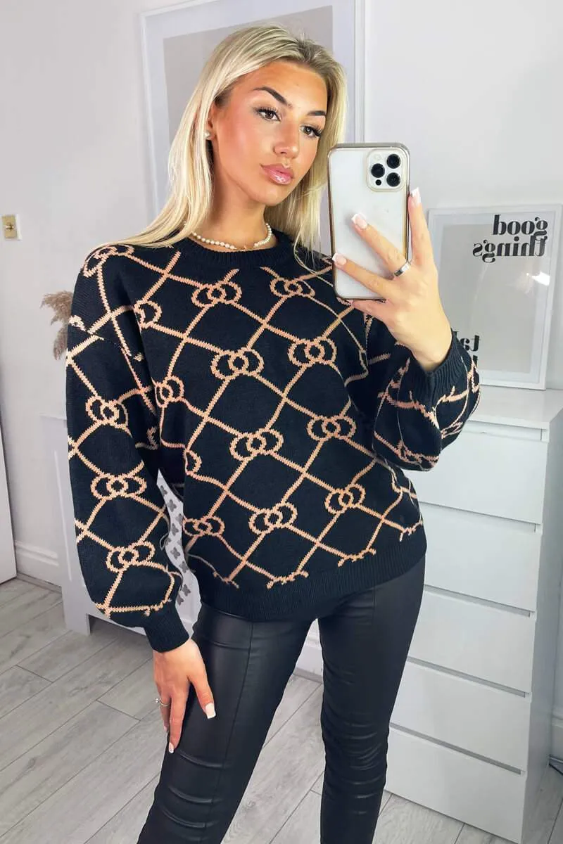 Leyla Black Geo Print Long Sleeve Jumper