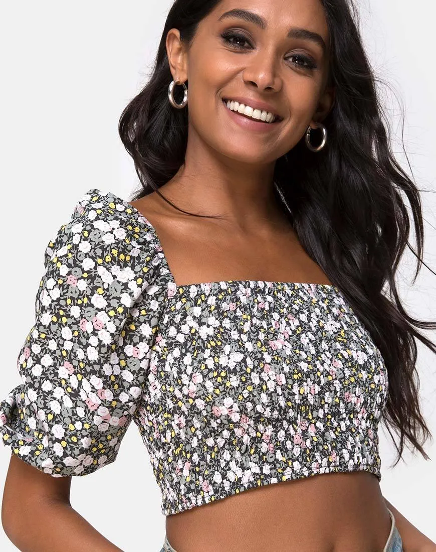 Lilian Crop Top in Floral Field Olive