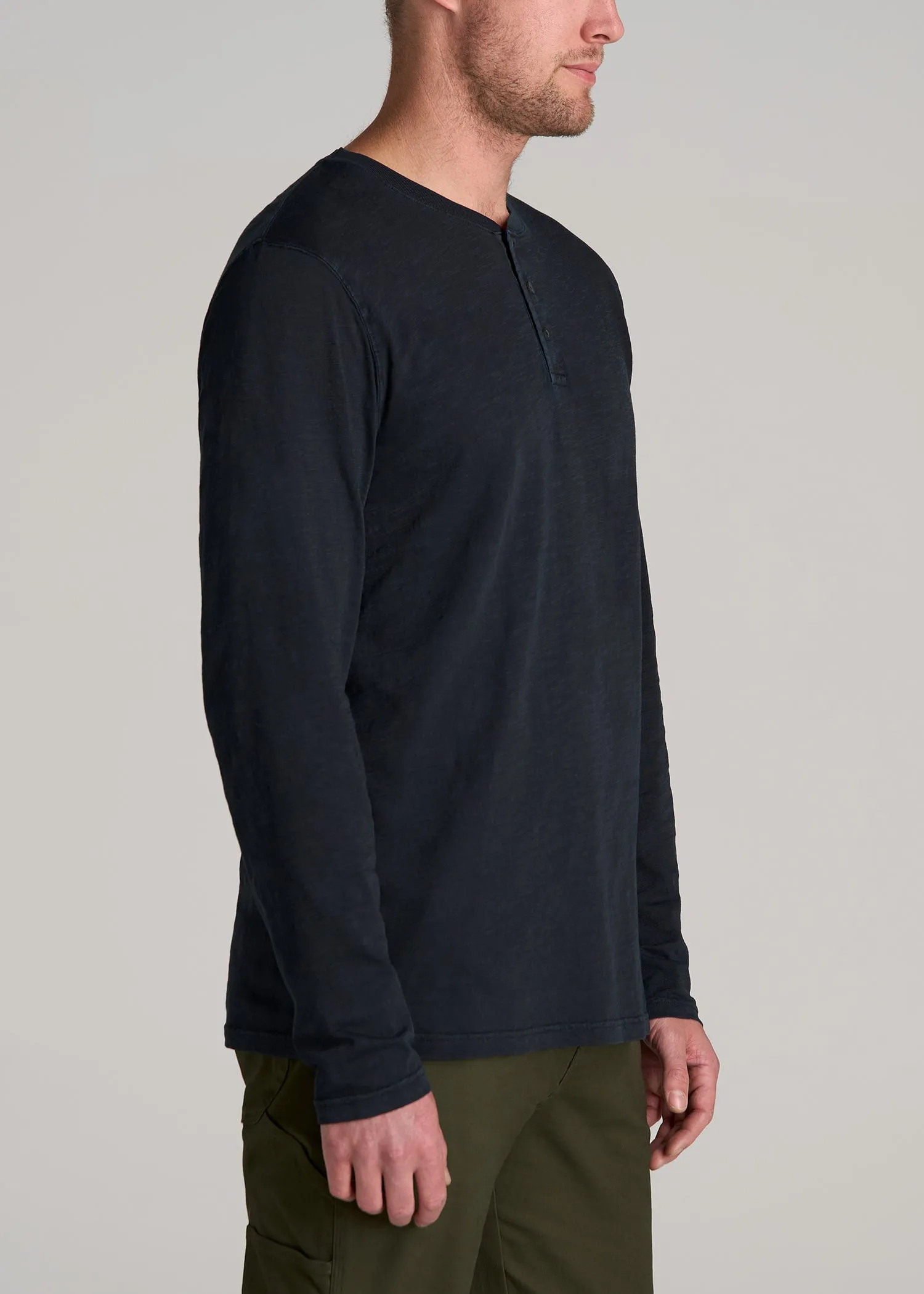 LJ&S Vintage Washed Slub Men's Tall Henley Shirt in Vintage Black