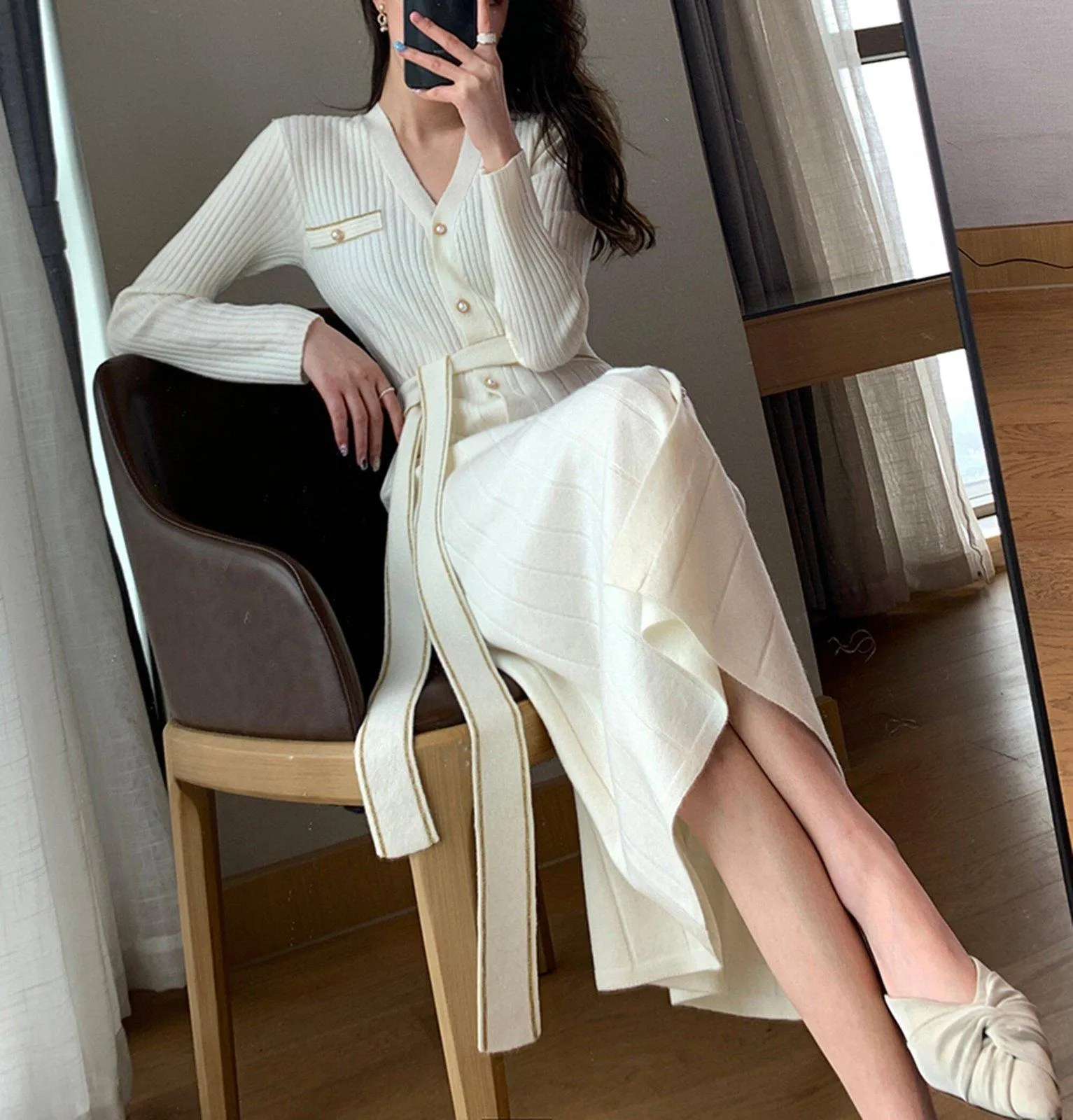 Long Sleeve Button Belted Midi Knit Sweater Dress