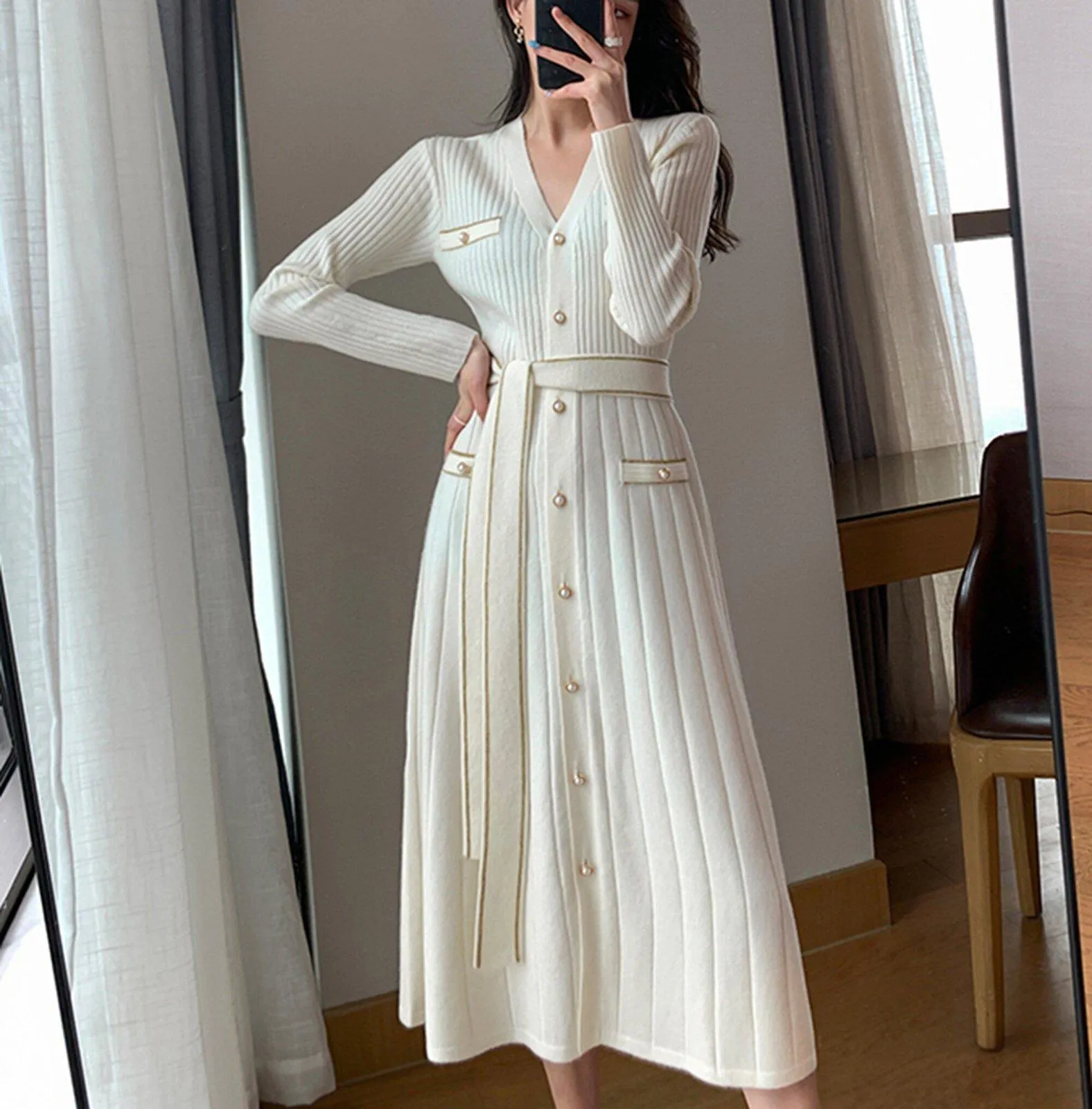 Long Sleeve Button Belted Midi Knit Sweater Dress