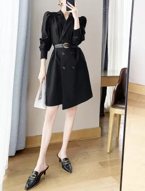 Long Sleeve Double Breasted Belted Black Blazer Dress