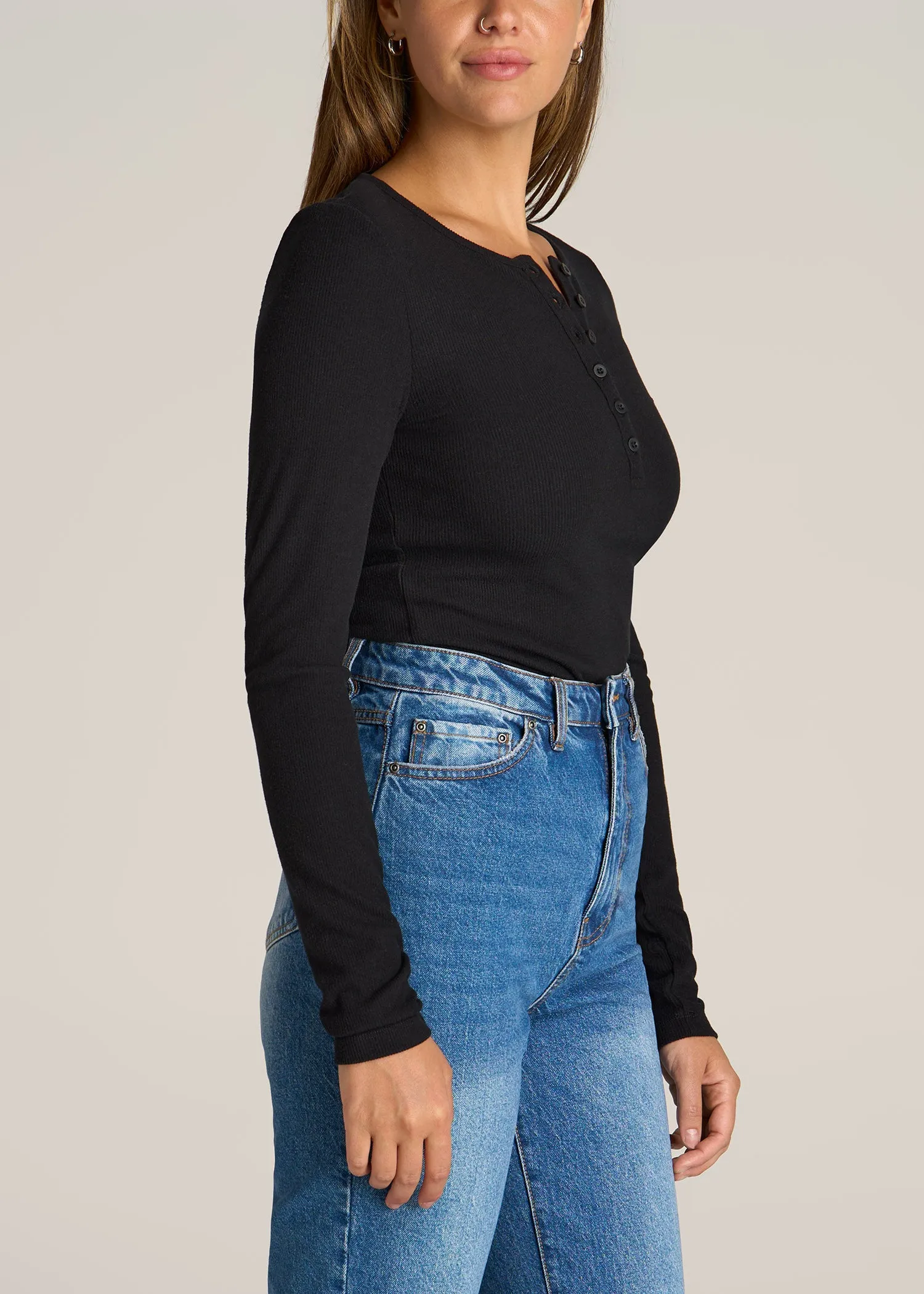 Long Sleeve Ribbed Crewneck Women's Tall Henley Shirt in Black