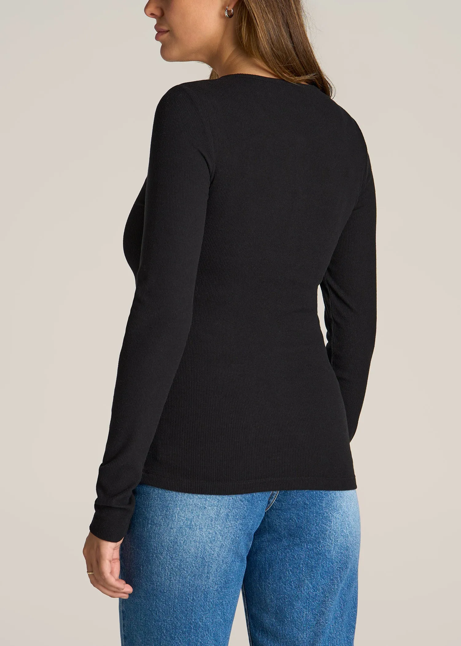 Long Sleeve Ribbed Crewneck Women's Tall Henley Shirt in Black