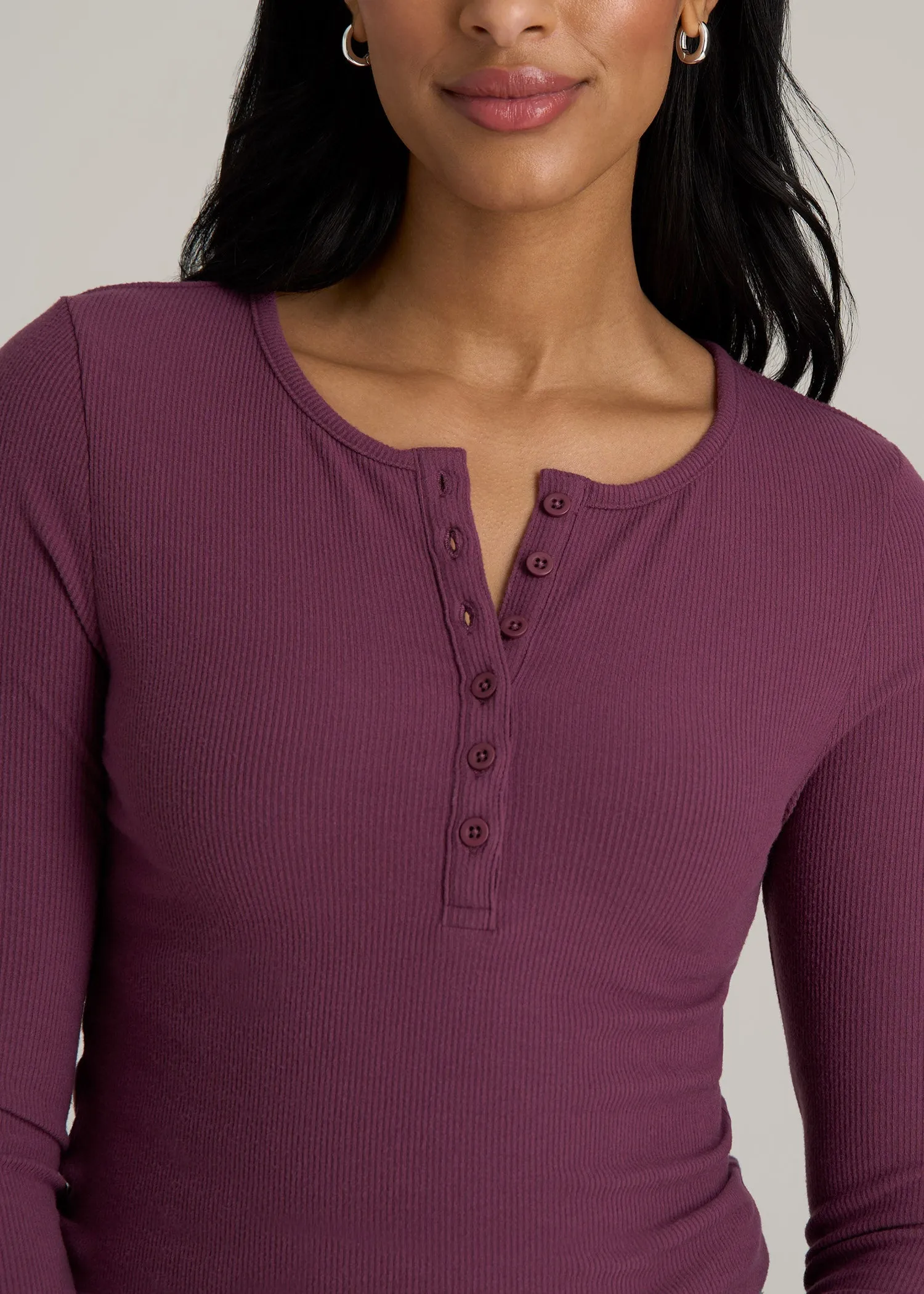 Long Sleeve Ribbed Crewneck Women's Tall Henley Shirt in Purple Gumdrop