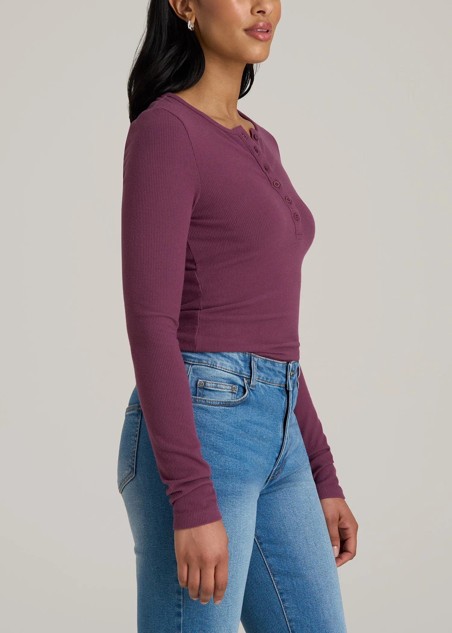 Long Sleeve Ribbed Crewneck Women's Tall Henley Shirt in Purple Gumdrop