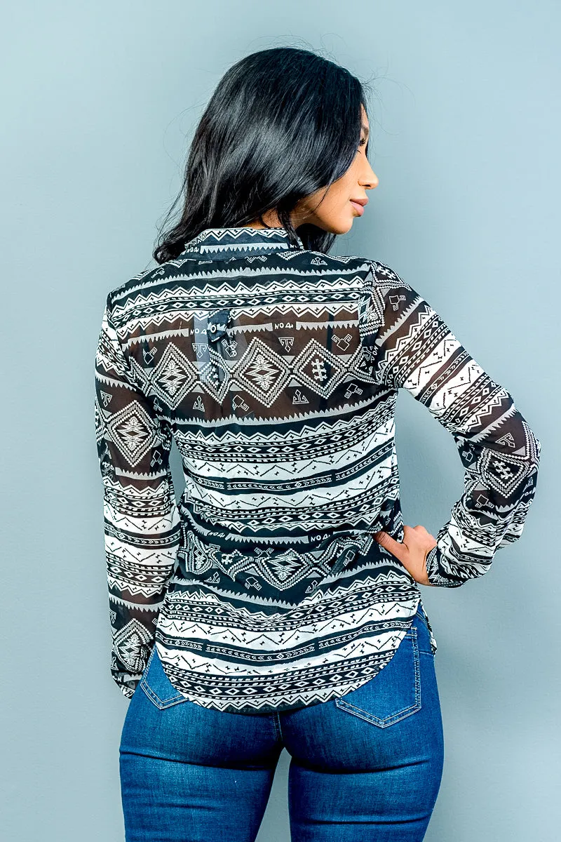 Long Sleeve Tribal Print See-through Top w/Front Buttons* (GGW233)