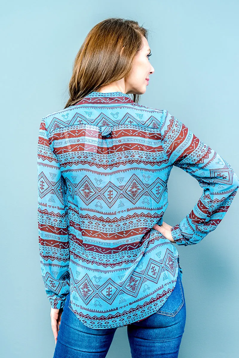 Long Sleeve Tribal Print See-through Top w/Front Buttons* (GGW233)