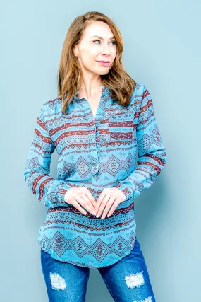 Long Sleeve Tribal Print See-through Top w/Front Buttons* (GGW233)