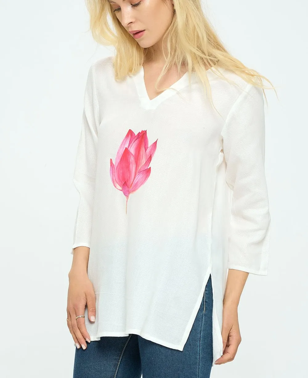 Lotus Design White Woven Cotton Tunic Top