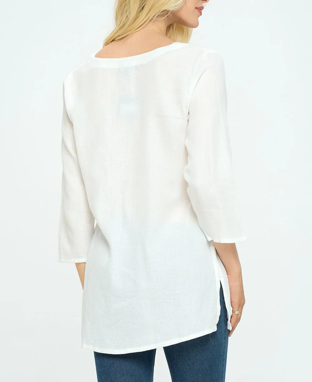 Lotus Design White Woven Cotton Tunic Top