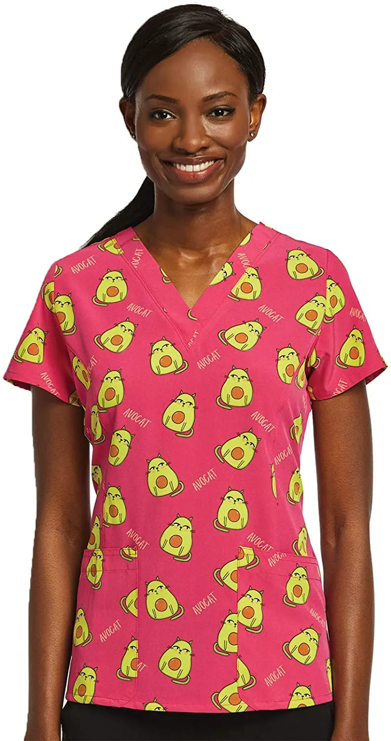 Maevn Women’s Curved V-Neck Print Scrub Top 1767 AVO <br> Sizes S to 2XL