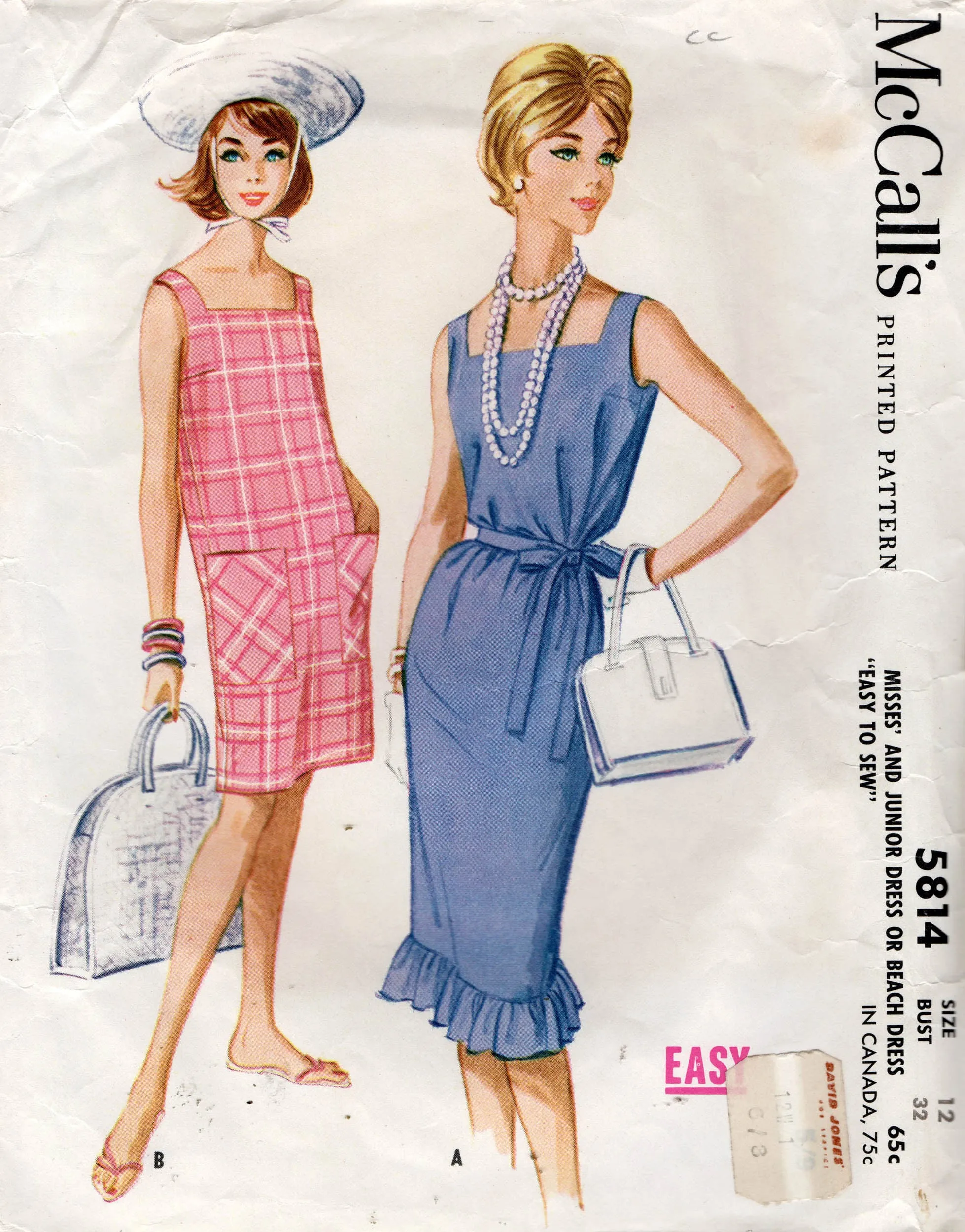 McCall's 5814 Womens EASY Square Neck Summer Shift Dress 1960s Vintage Sewing Pattern Size 12 Bust 32 inches