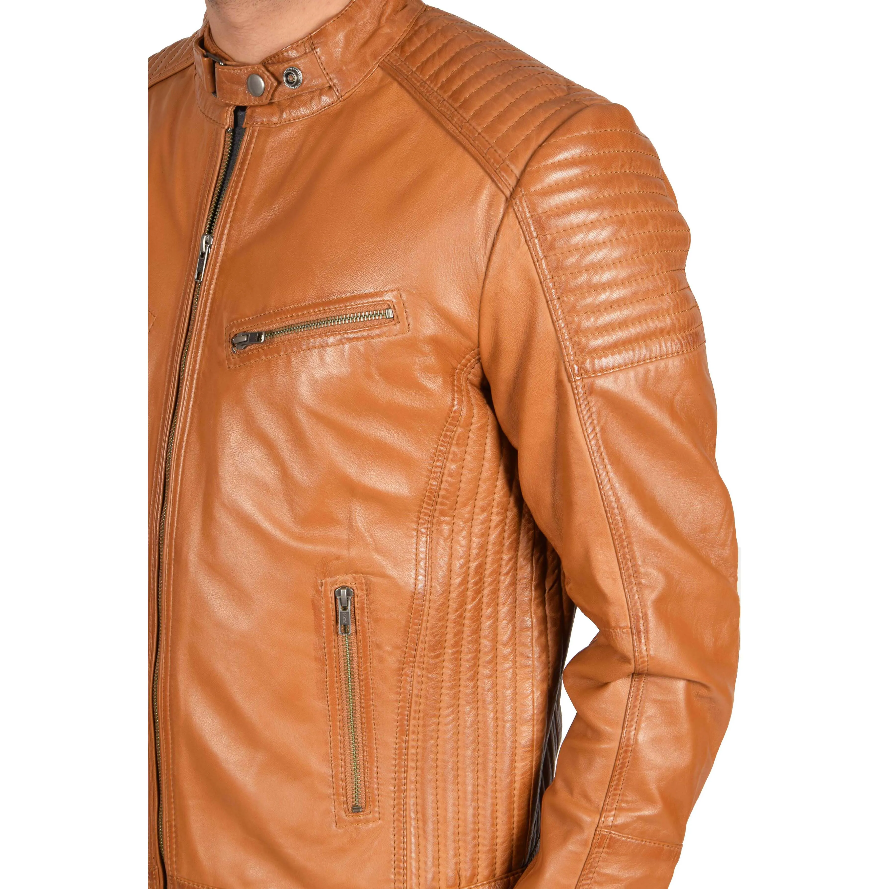 Mens Cafe Racer Biker Leather Jacket Teddy Tan