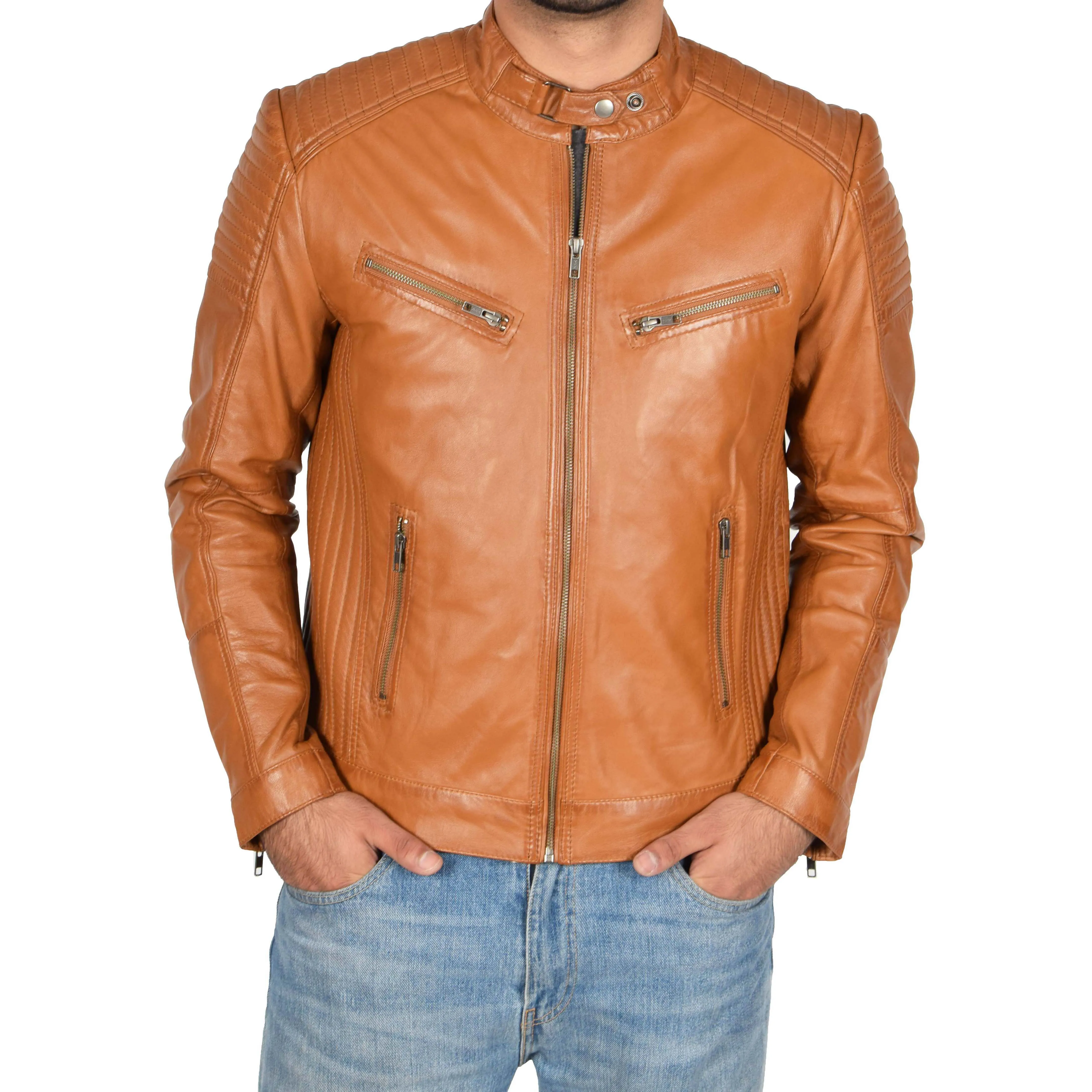 Mens Cafe Racer Biker Leather Jacket Teddy Tan