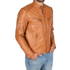 Mens Cafe Racer Biker Leather Jacket Teddy Tan