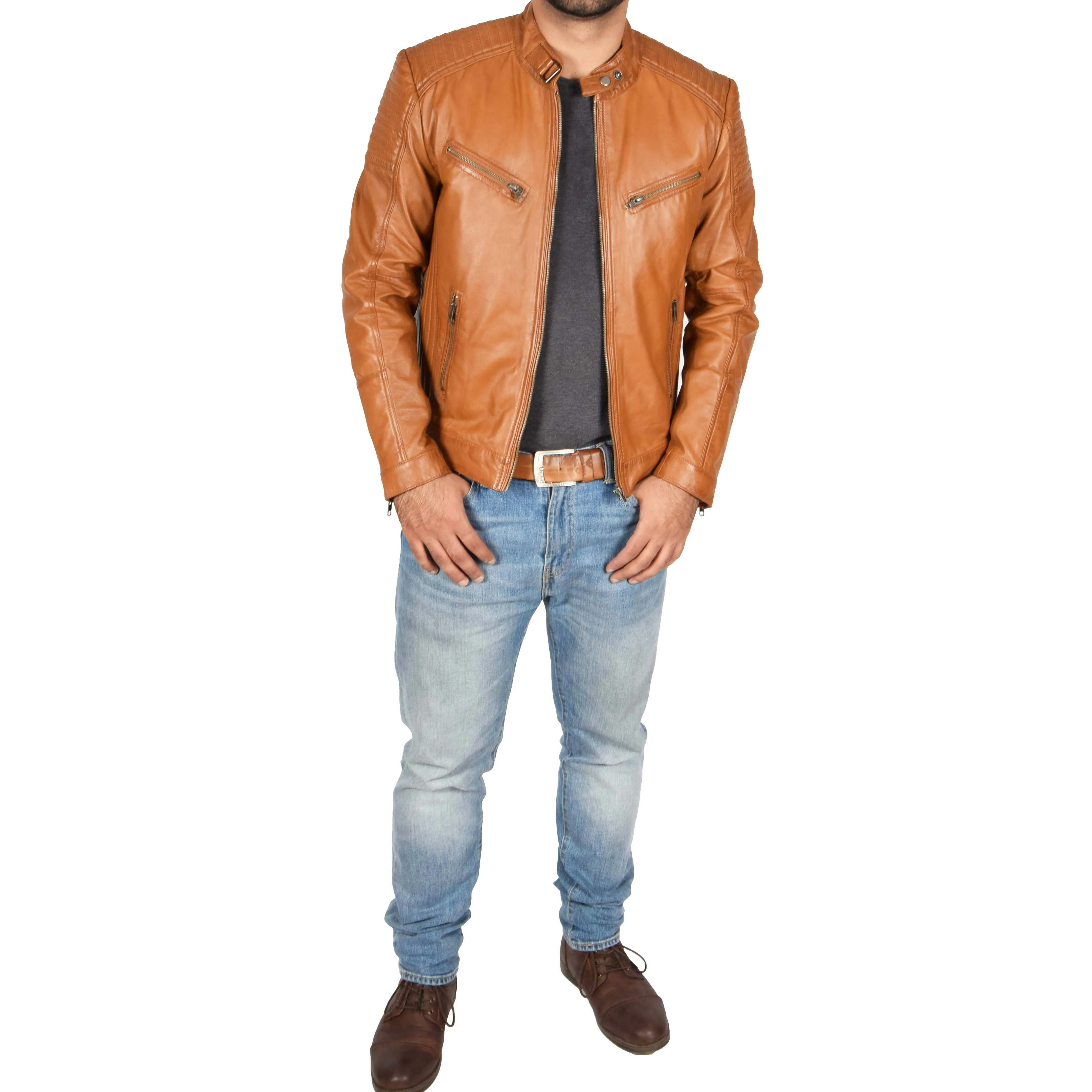 Mens Cafe Racer Biker Leather Jacket Teddy Tan