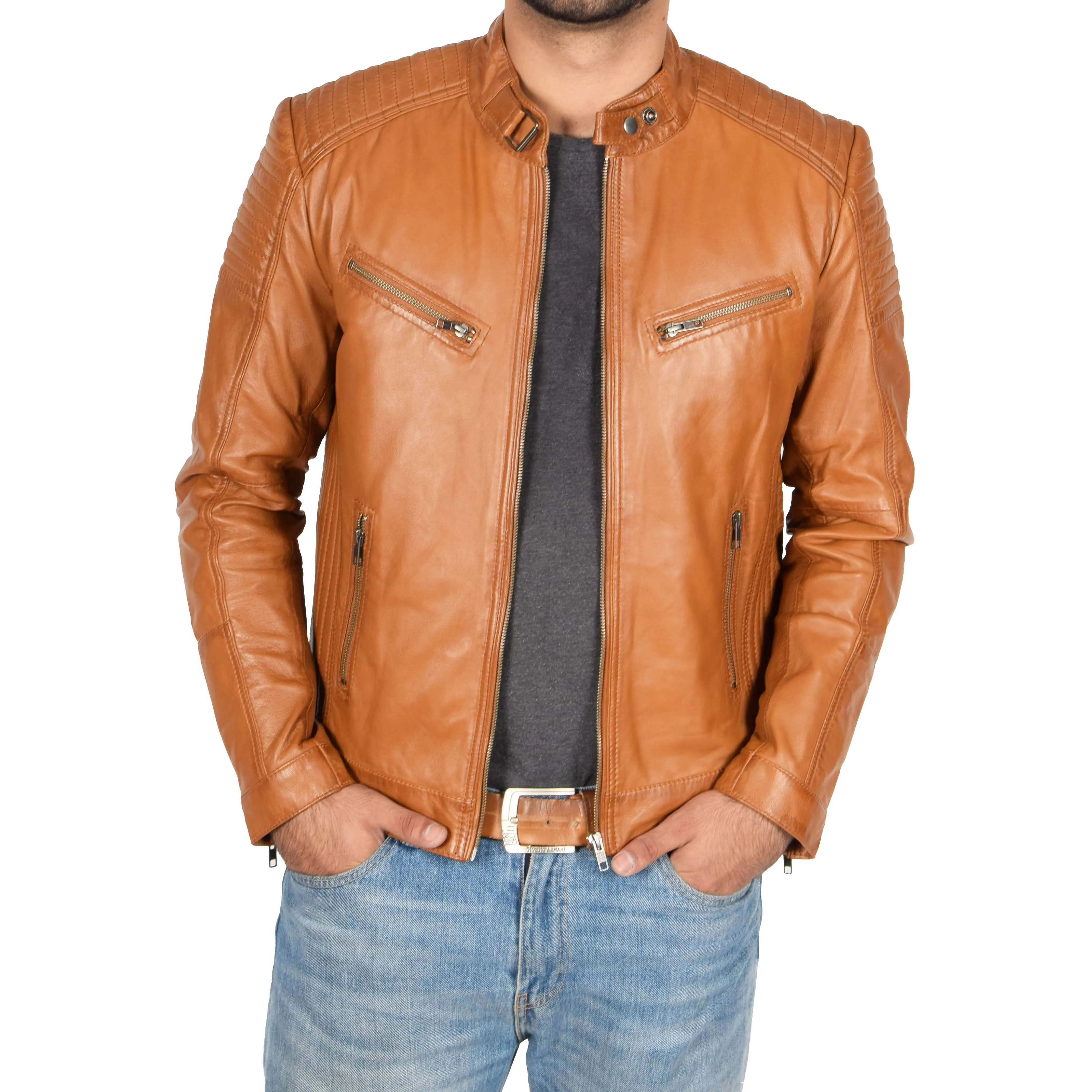 Mens Cafe Racer Biker Leather Jacket Teddy Tan