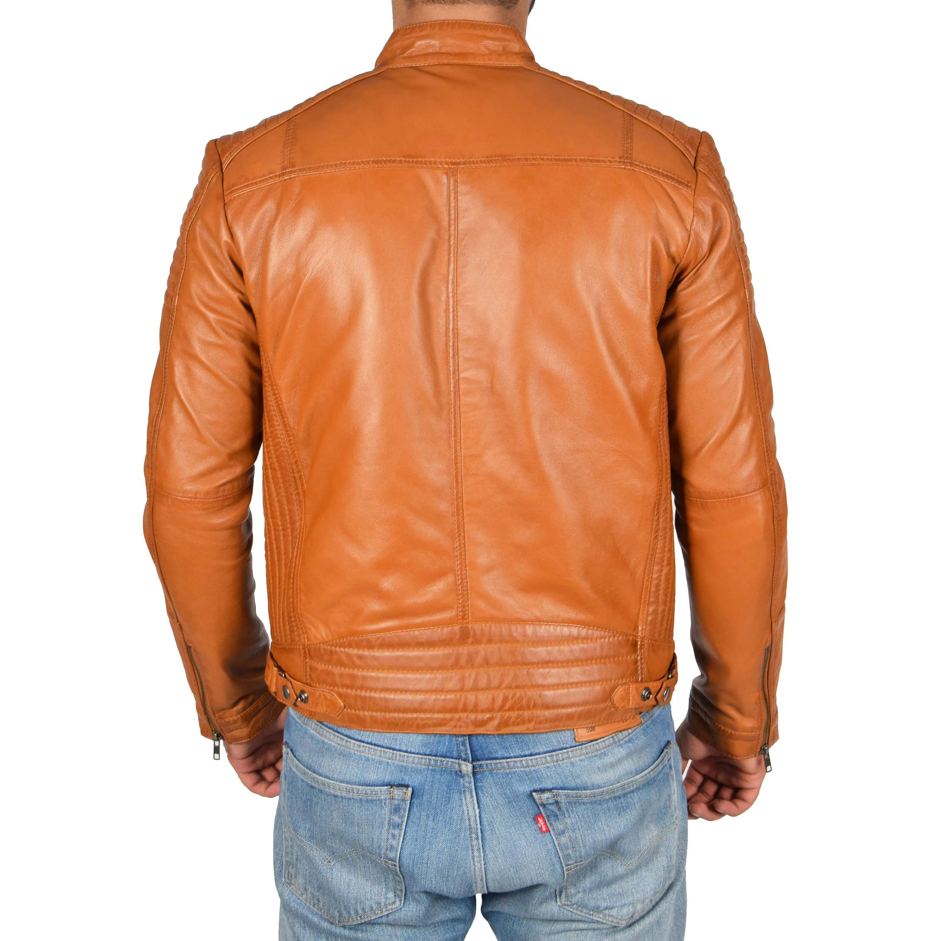 Mens Cafe Racer Biker Leather Jacket Teddy Tan