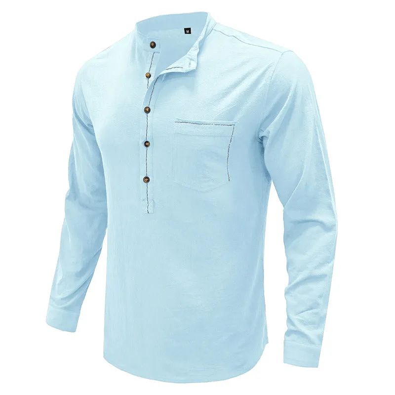 Mens Casual Blouse  Flex Henley Long Sleeve Pocket T Shirts Loose Tops  |  220505