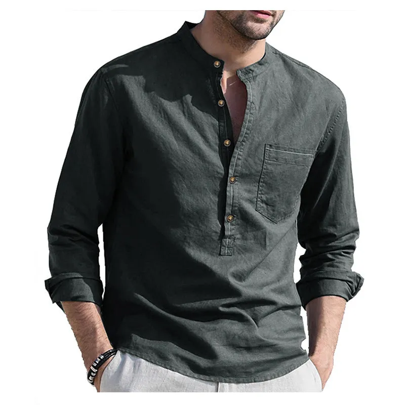 Mens Casual Blouse  Flex Henley Long Sleeve Pocket T Shirts Loose Tops  |  220505