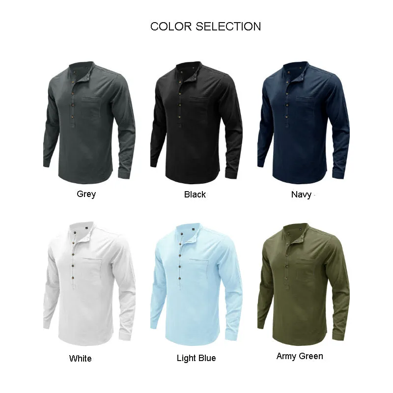 Mens Casual Blouse  Flex Henley Long Sleeve Pocket T Shirts Loose Tops  |  220505