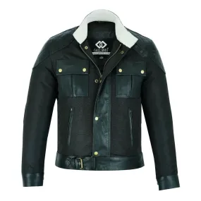 Mens Fabric Fashion Jacket Biker Style with Cream Fur & Leather Taslan Sheepskin