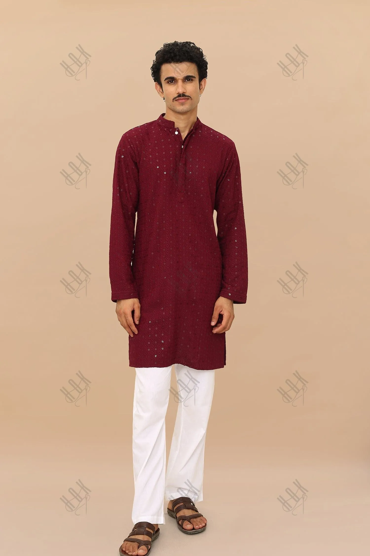 Men's Kurta In  Chikankari Rayon   - Wine