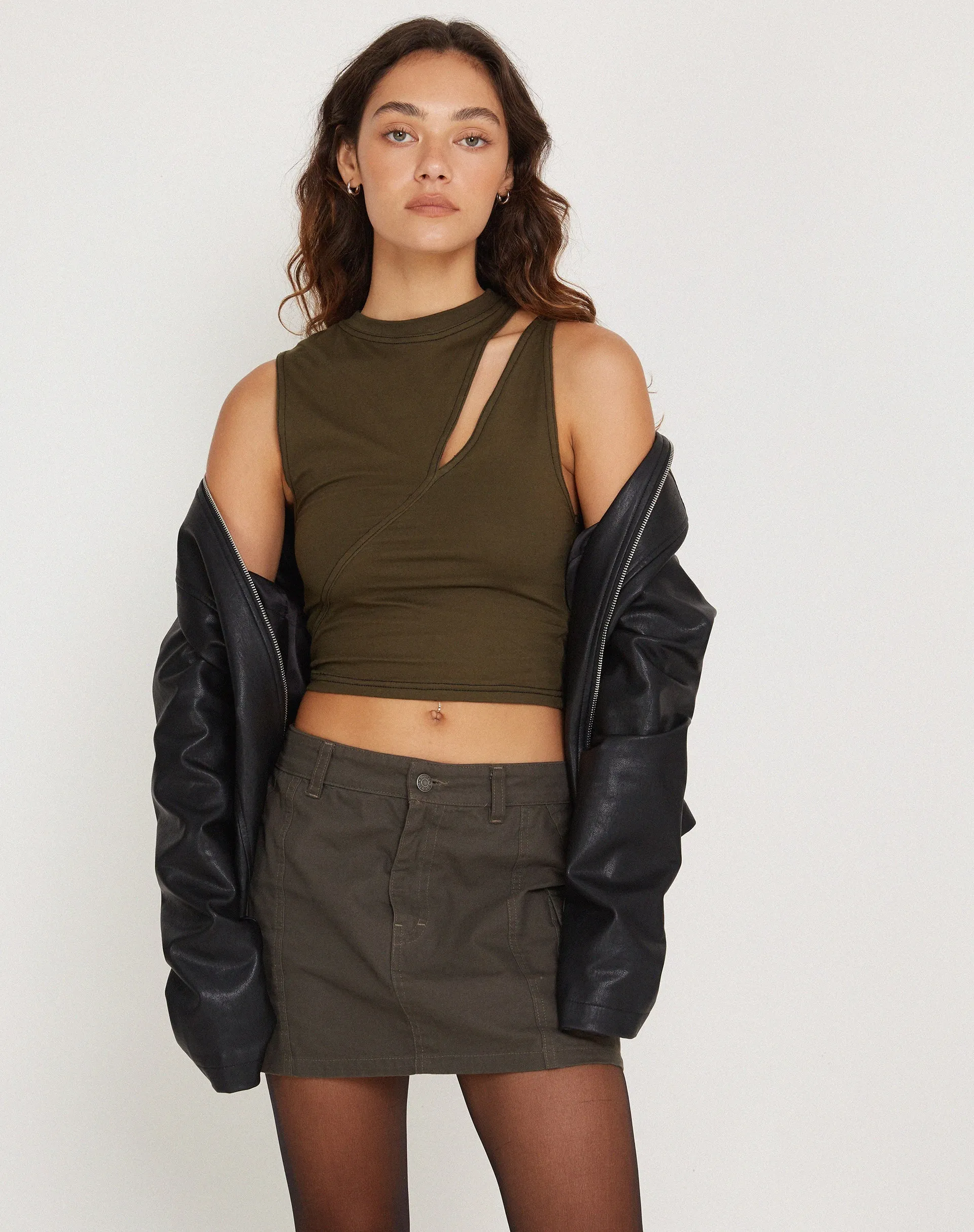 Min Vest Cutout Detail Crop Top in Olive with Black Top Stitch