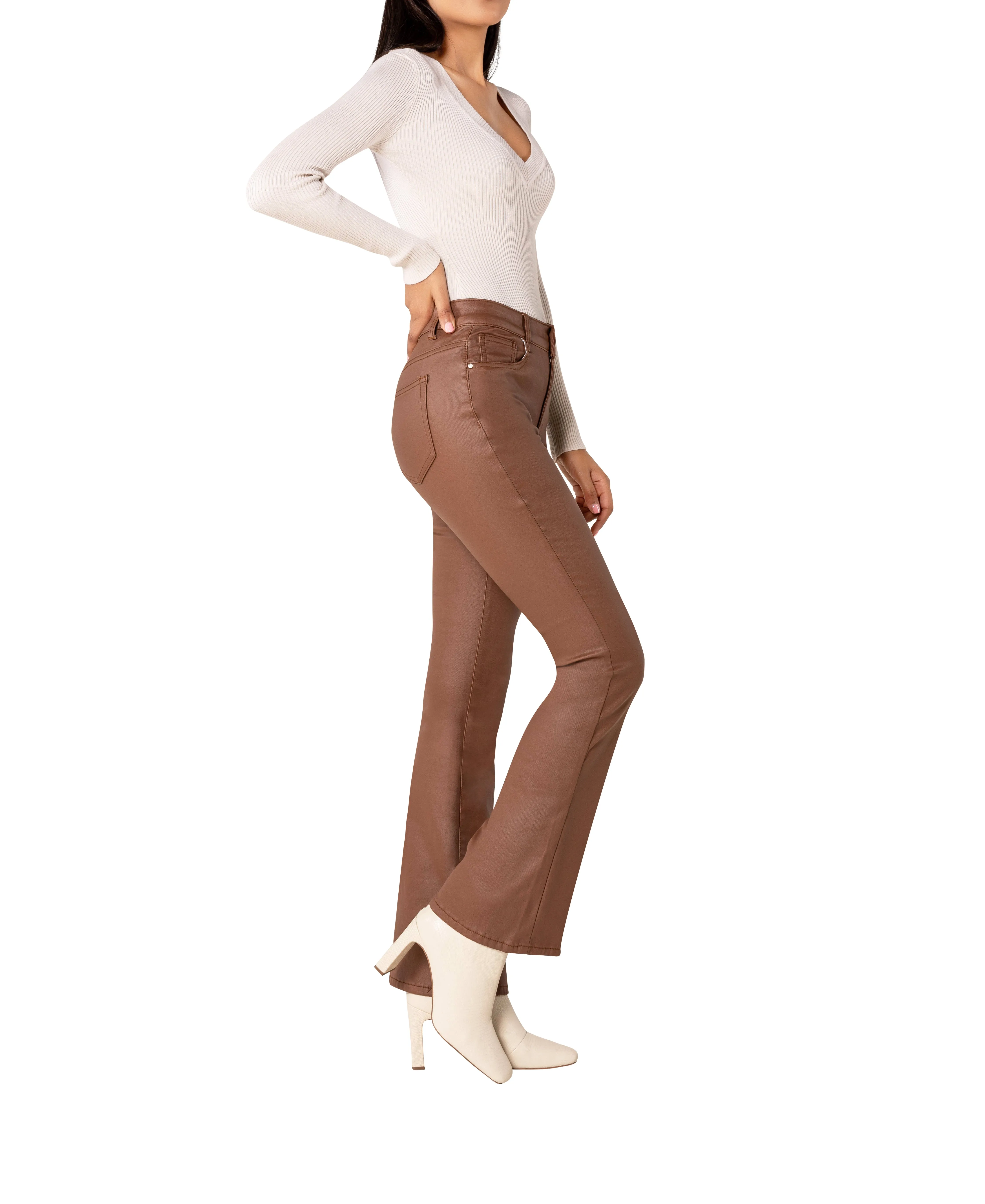 MochaFlare High-Waist Faux Leather Trousers – Brown