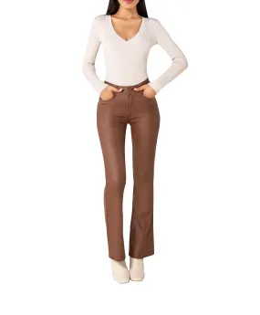 MochaFlare High-Waist Faux Leather Trousers – Brown