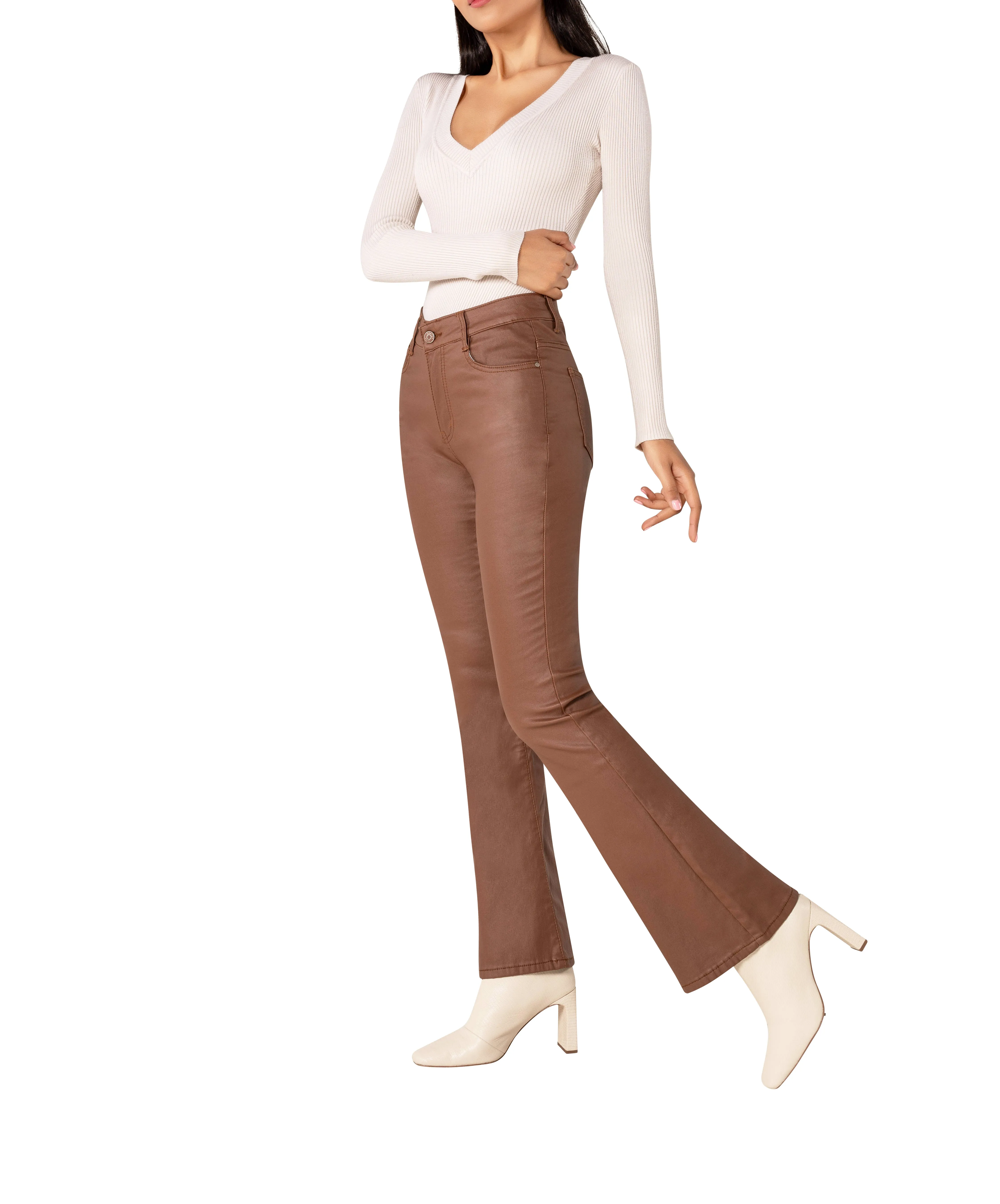 MochaFlare High-Waist Faux Leather Trousers – Brown