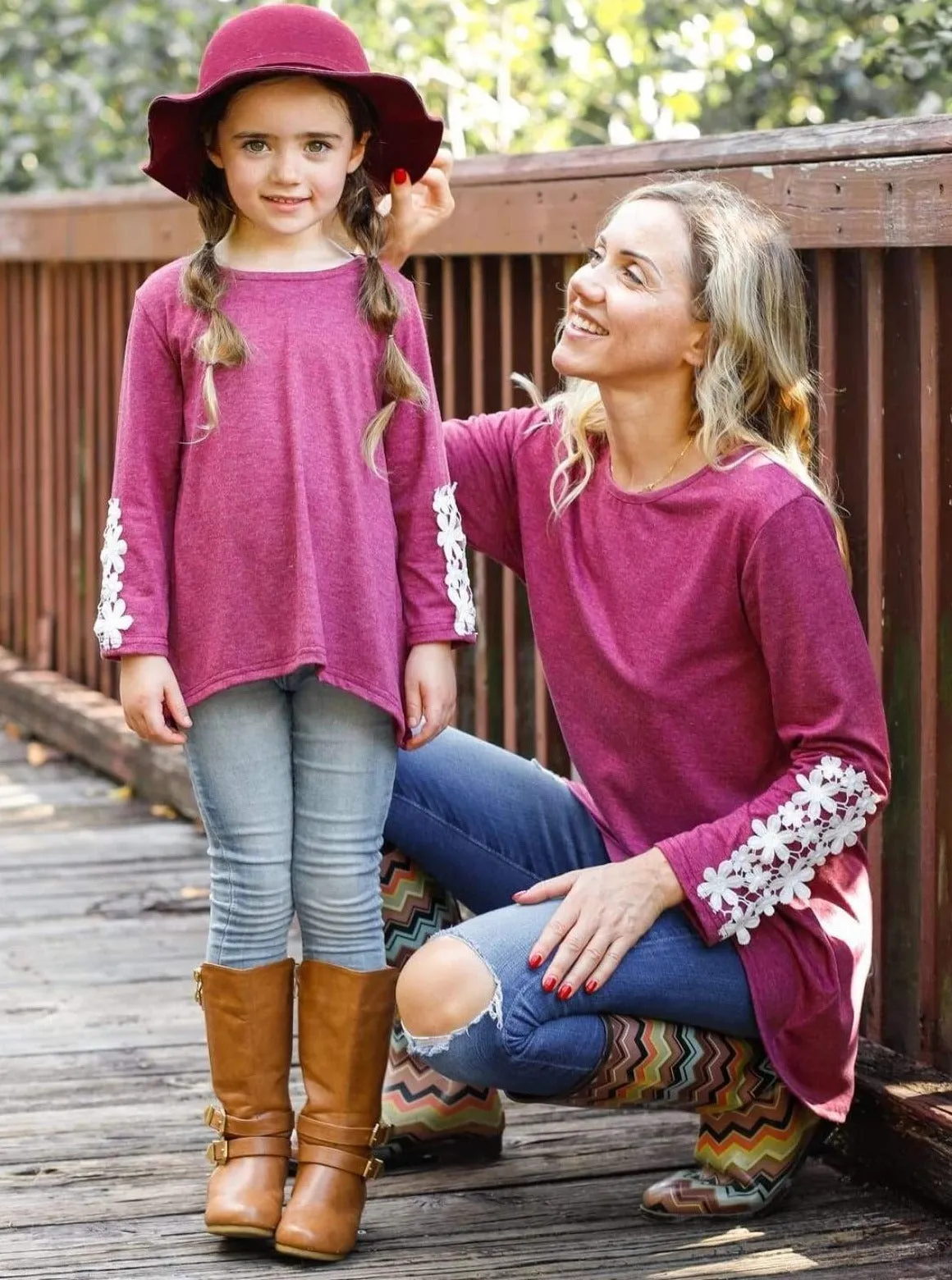 Mommy and Me Fuchsia Long Sleeve Hi-Lo Flower Trim Tunic