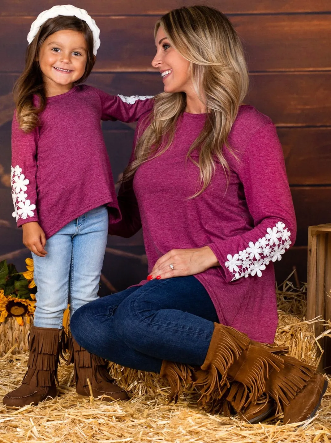 Mommy and Me Fuchsia Long Sleeve Hi-Lo Flower Trim Tunic