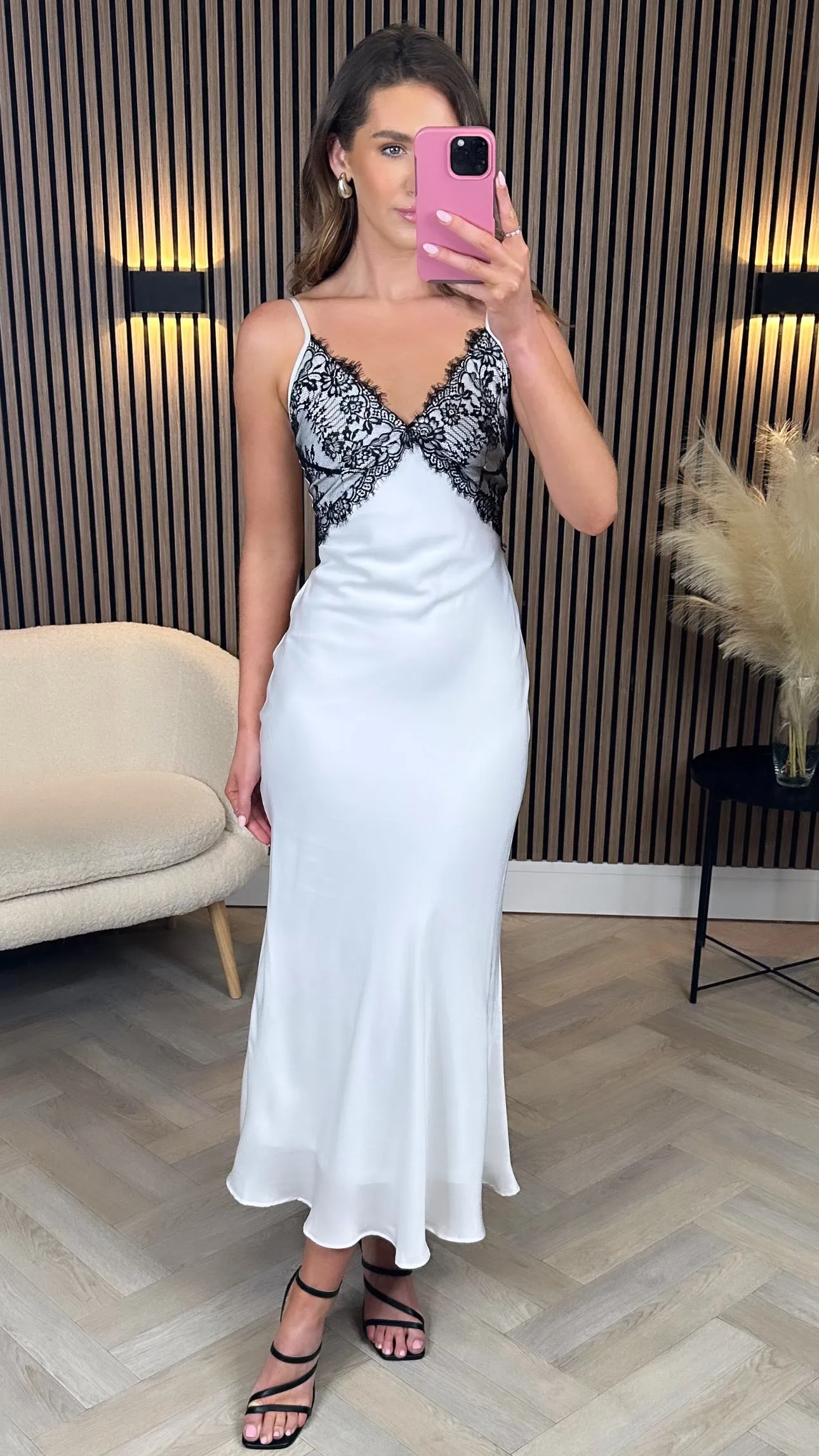 Muireann White With Black Lace Slip Midi Dress