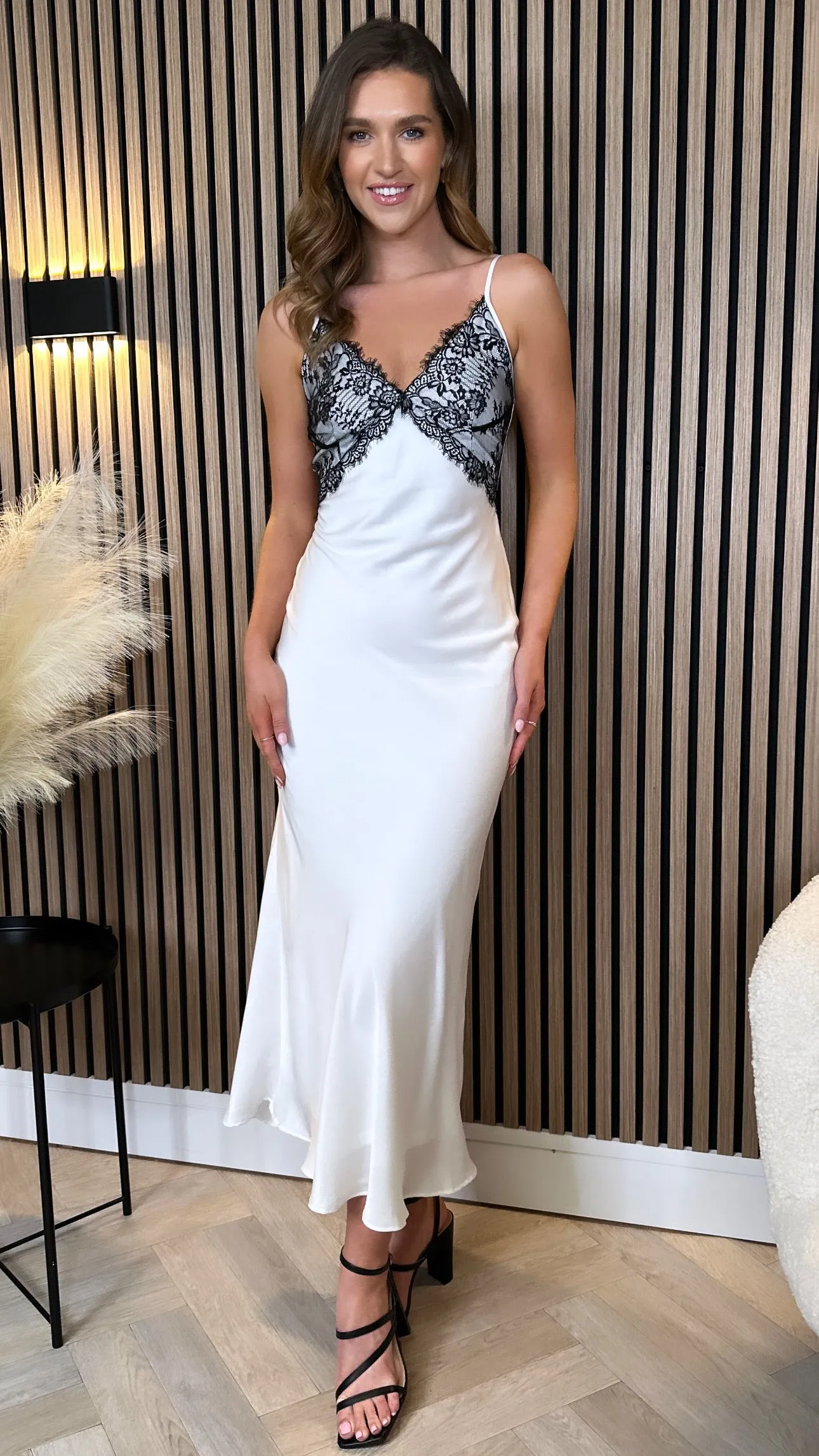 Muireann White With Black Lace Slip Midi Dress