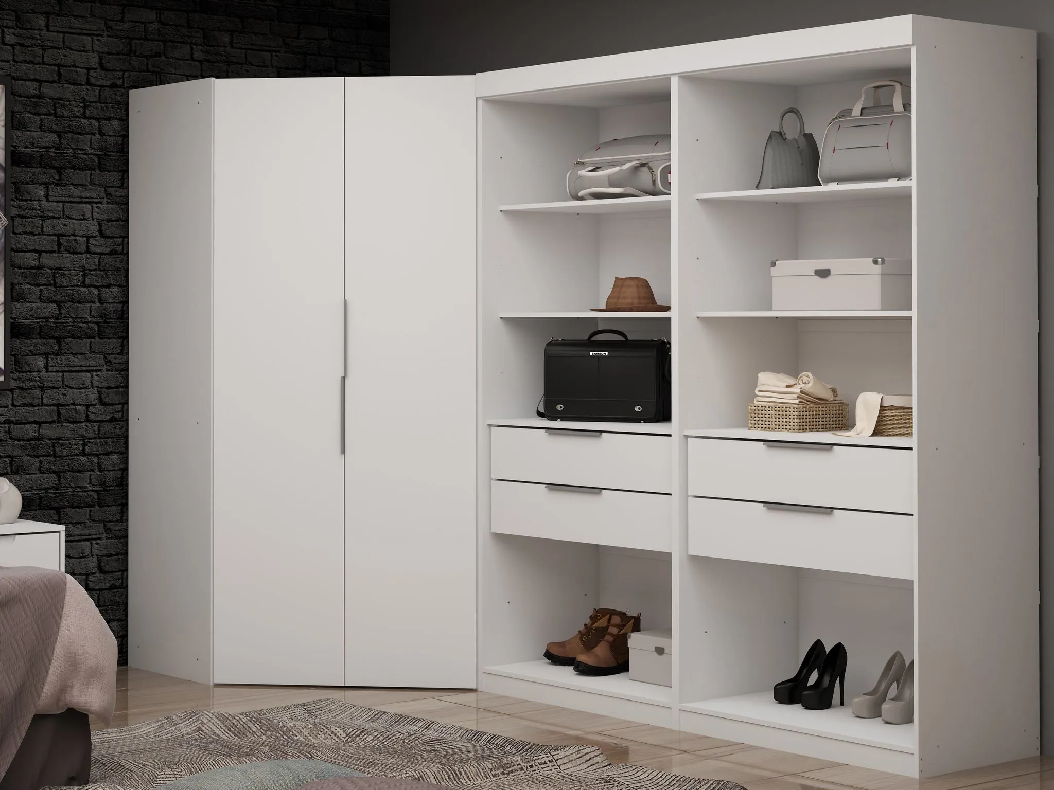 Mulberry Open 1 Sectional Modern Armoire Wardrobe Closet with 2 Drawers in White