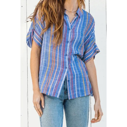 Multi Color Striped Short Sleeve Button Down Collared Shirt