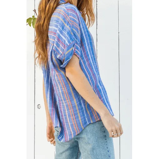 Multi Color Striped Short Sleeve Button Down Collared Shirt