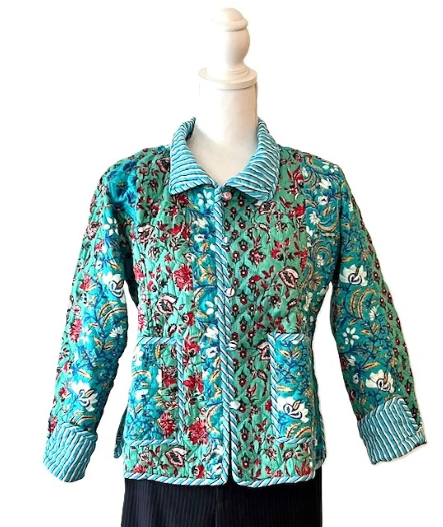 New Style: Collared Reversible Cotton Quilted  Womens Jacket With Stripe Piping. (Turquoise)