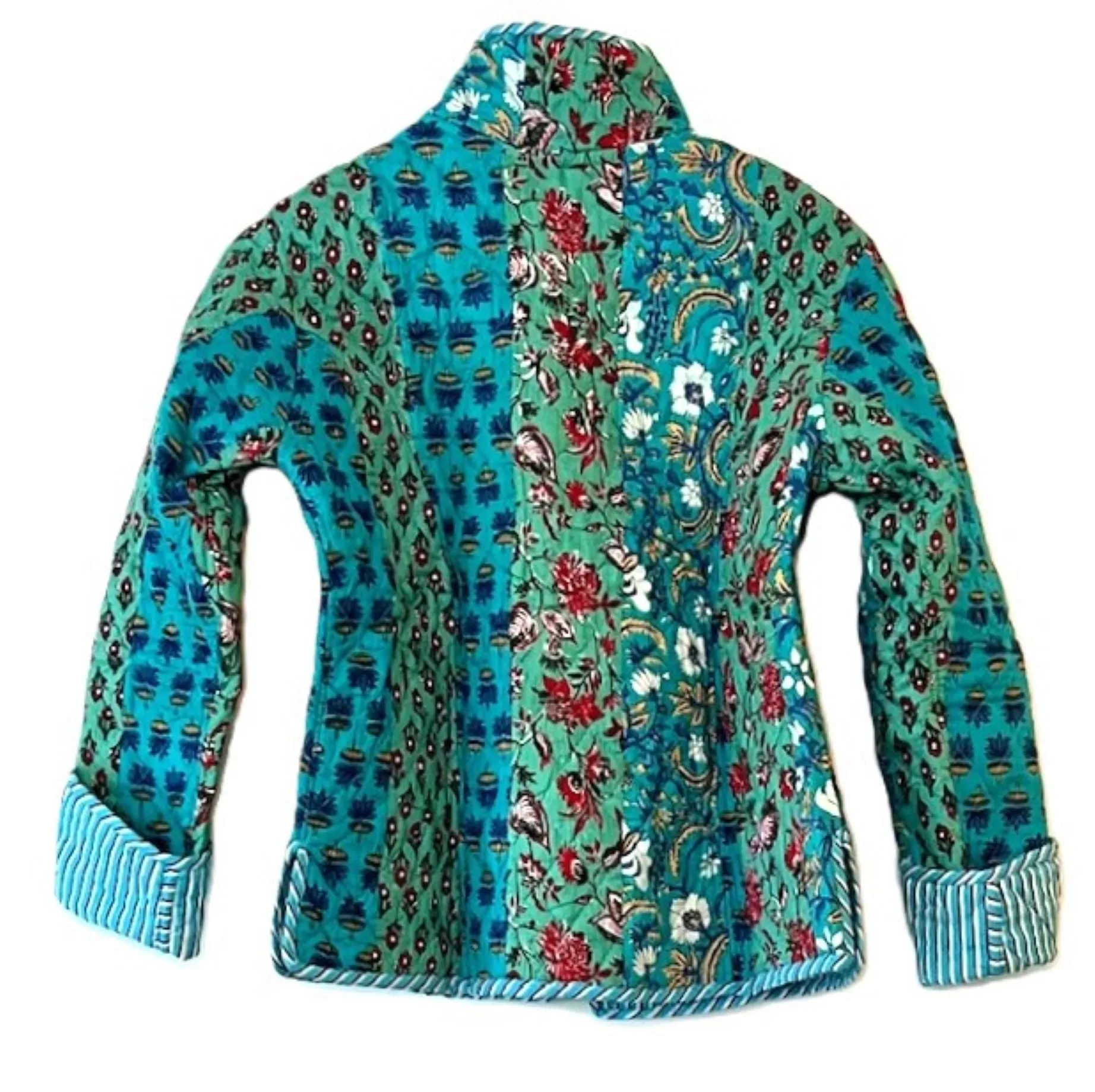 New Style: Collared Reversible Cotton Quilted  Womens Jacket With Stripe Piping. (Turquoise)