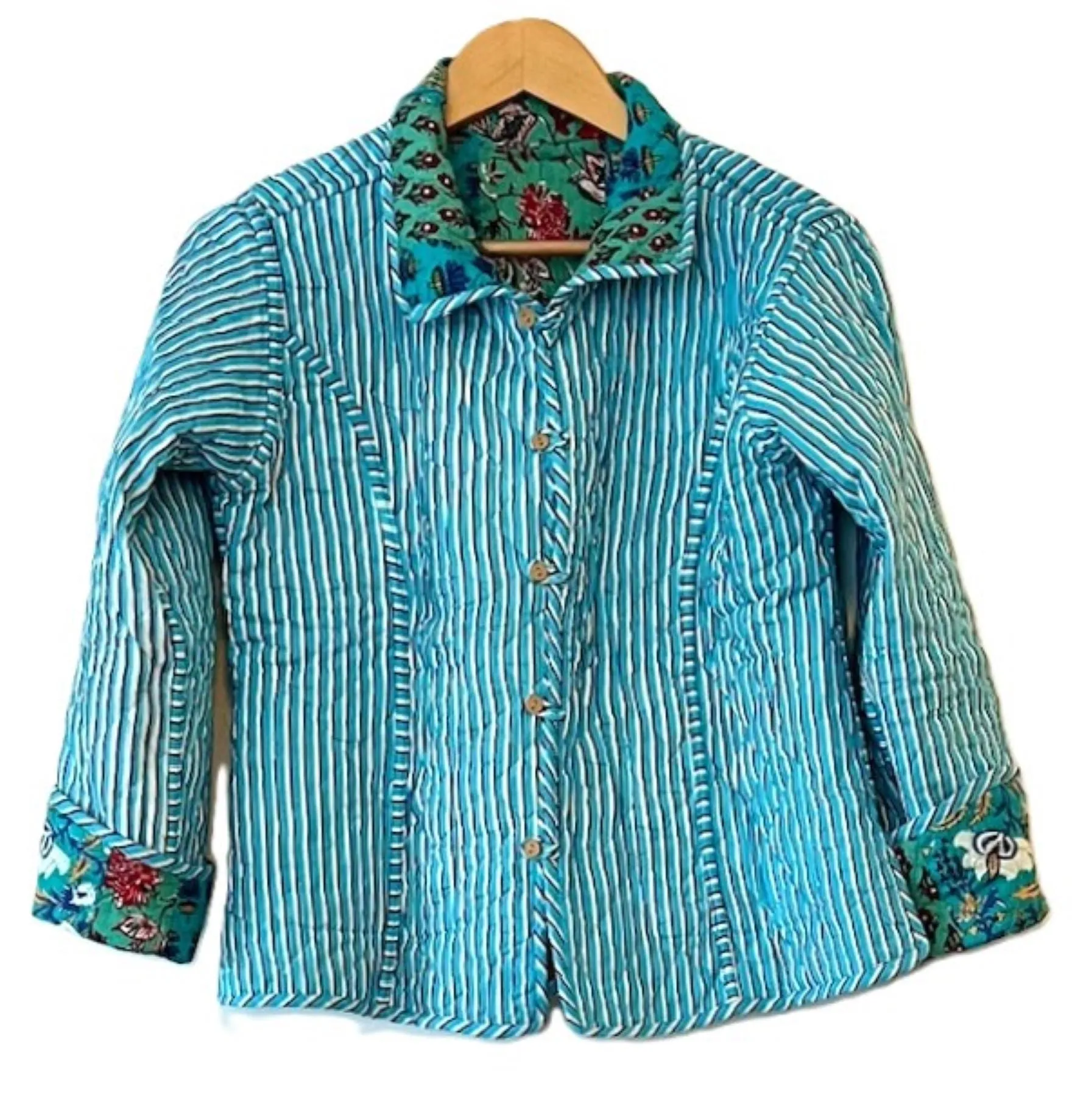 New Style: Collared Reversible Cotton Quilted  Womens Jacket With Stripe Piping. (Turquoise)