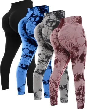 NORMOV 4 Piece Butt Lifting Workout Leggings for Women, Seamless Gym Scrunch Booty Lifting Sets(Black/Tie Dye Grey/Tie Dye Red/Tie Dye Blue, S)