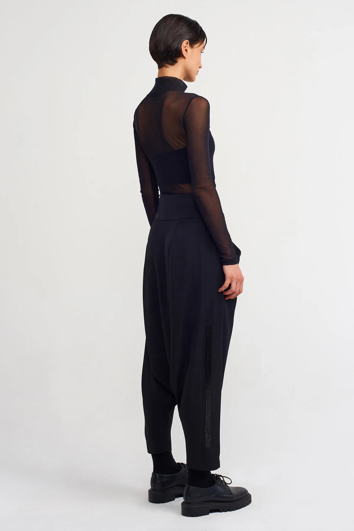 Nu Embroidered Side Elegant Harem Pants Black