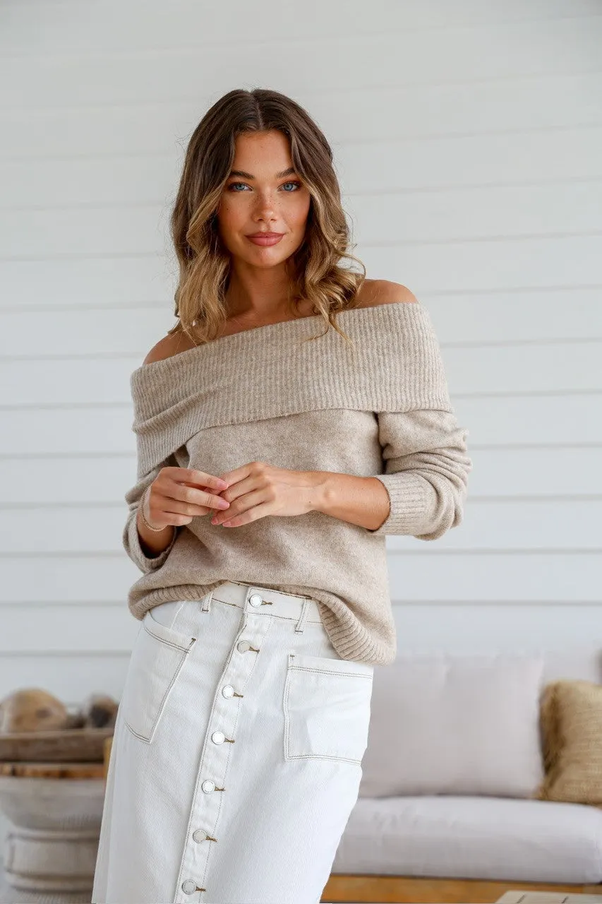 Off shoulder knit in Latte, Pink and Seafoam.