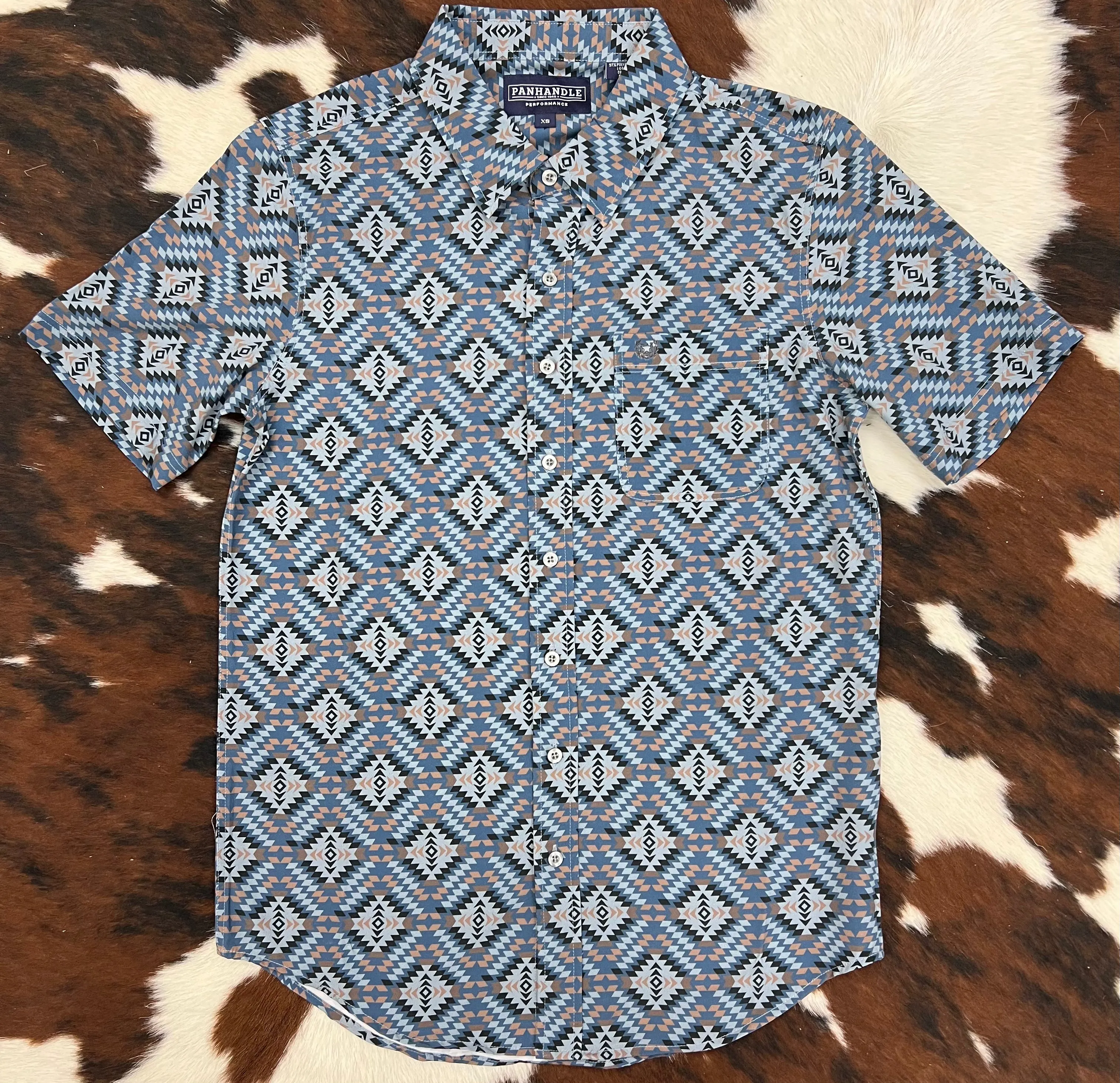 Panhandle Men's Performance Blue Aztec Print Button Short Sleeve Shirt PPMS1DR0VP