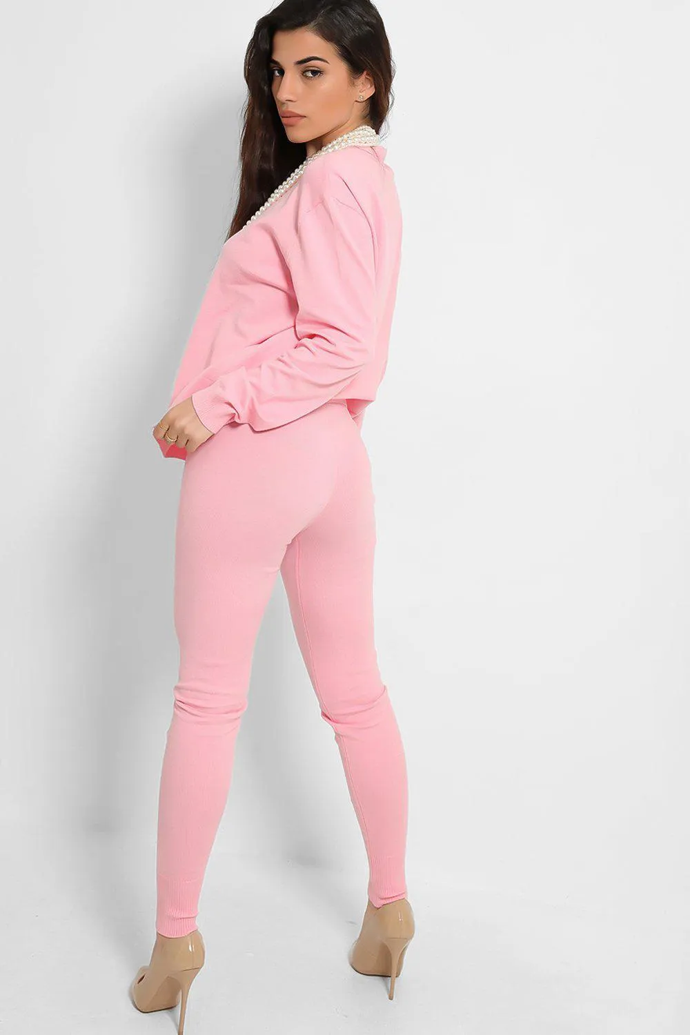 PEARL ACCESSORISED JUMPER & LEGGINGS KNIT HOT PINK LOUNGE SET