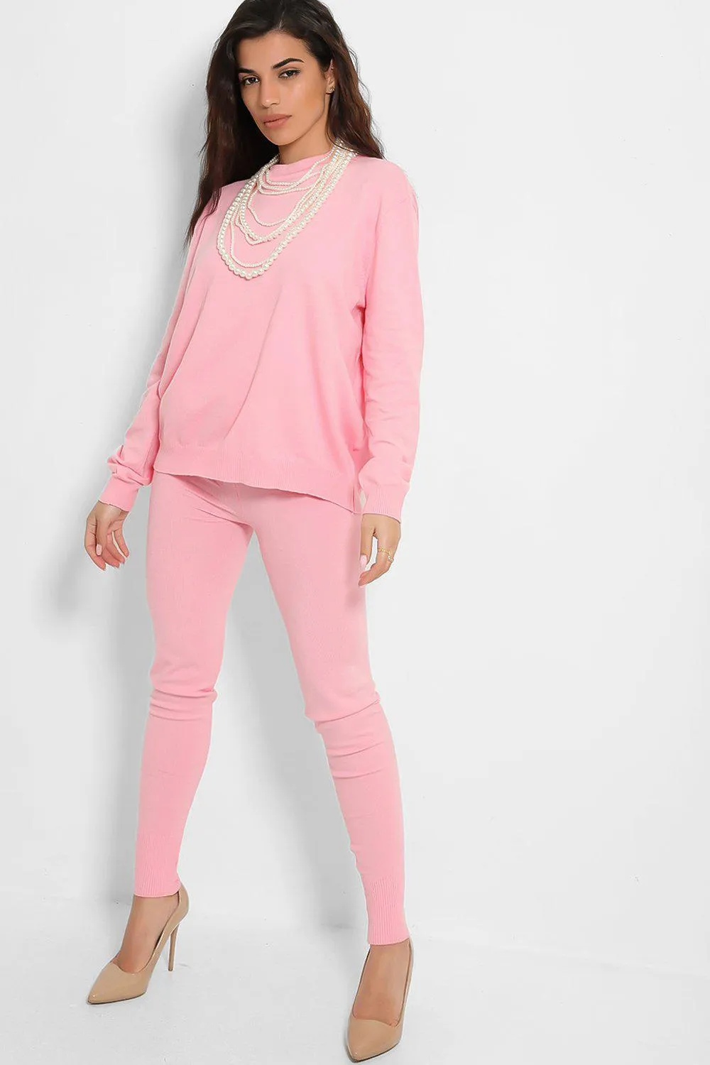 PEARL ACCESSORISED JUMPER & LEGGINGS KNIT HOT PINK LOUNGE SET